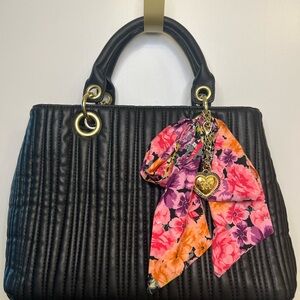 Betsey Johnson Women's Large Black Faux Leather Tote Bag With Large Floral Bow